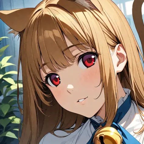 (masterpiece),(best quality),(ultra-detailed),(best illustration),(best shadow),(absurdres),(detailed background),(very aesthetic), eris(asniy),brown hair, red eyes, long hair, cat ears, cat tail, bell, very close-up, portrait