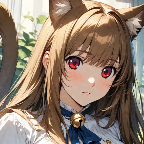 (masterpiece),(best quality),(ultra-detailed),(best illustration),(best shadow),(absurdres),(detailed background),(very aesthetic), eris(asniy),brown hair, red eyes, long hair, cat ears, cat tail, bell, very close-up, portrait