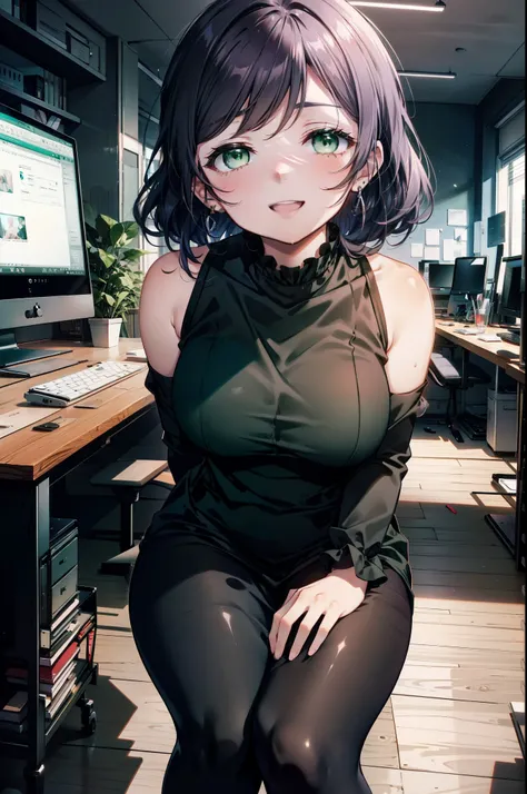 nozomitoujou, Nozomi-san always, (Green Eyes:1.5), Purple Hair, Long Hair, (Large Breasts:1.2),happy smile, smile, Open your mouth,Sleeveless dress,Long skirt,Black pantyhose,Stiletto heels,There is a computer on the table,walking,Daytime,Clear skies,whole...