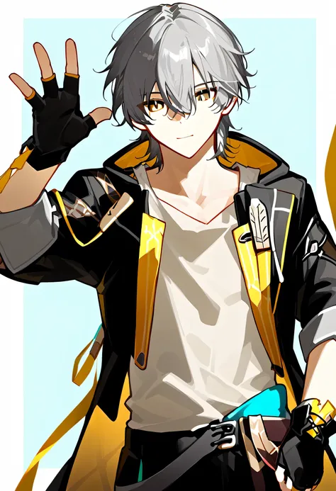 trailblazer_\(honkai:_star_rail\), caelus_\(honkai:_star_rail\), 1boy, grey_hair, short_hair, yellow_eyes, white_shirt, black_gl...