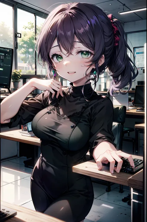 nozomitoujou, Nozomi-san always, (Green Eyes:1.5), Purple Hair, Long Hair, (Large Breasts:1.2),happy smile, smile,low ponytail,Low ponytail,Scrunchie,Open your mouth,Sleeveless dress,Long skirt,Black pantyhose,Stiletto heels,There is a computer on the tabl...