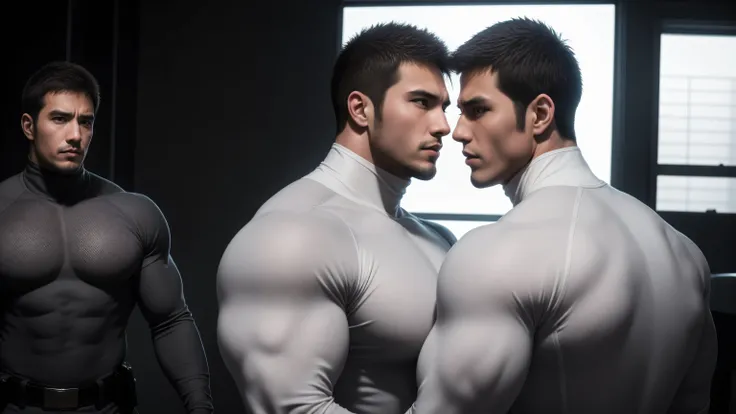 Super muscular man hugging, kissing and caressing,  Open mouth and scream，Look at each other affectionately，They hugged each other affectionately，Buzz Cut，In a luxurious and noble mansion, Wear a long-sleeved light grey turtleneck tights, Thickened warm el...