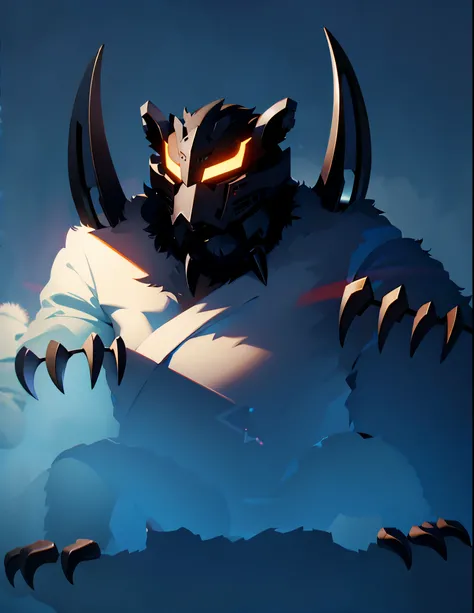 Bear, brown fur, black horns on both shoulders, black claws on both hands, black visor on head, black fangs, high quality, mechanical background,