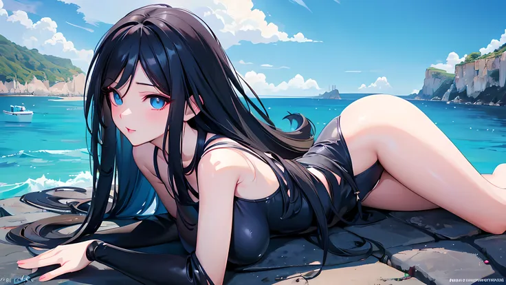 A sexy woman in a swimsuit, long black hair, anime style, seaside daytime scene, detailed face, beautiful eyes and lips, high quality, photorealistic, masterpiece, ultra-detailed, vibrant colors, warm lighting, cinematic composition 18+