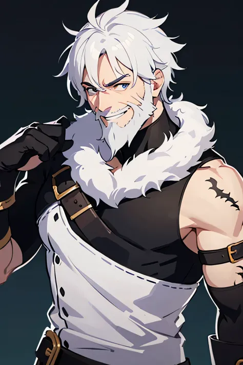 male, upper body, no background, smiling, talking, white hair, scar on left eye, beard, fantasy, make the outline of the character black , show the full upper body including arms