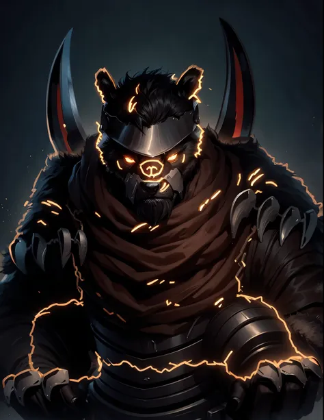 Bear, brown fur, black horns on both shoulders, black claws on both hands, black visor on head, black fangs, high quality, mechanical background,