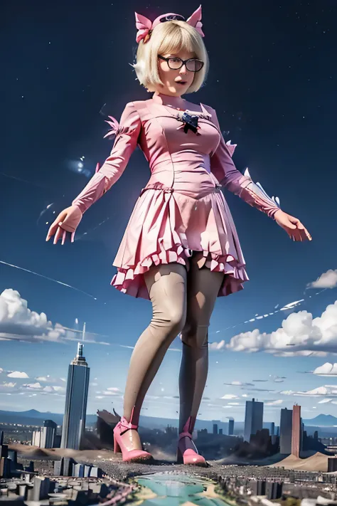 giantess art, highly detailed giantess shots, giantess, Two legs, Five fingers, short hair, A beautiful girl who is bigger than a skyscraper, Wearing rimless glasses, smile, Big Breasts, pink dress, bow, magical girl, holding a magical wand, black pantyhos...