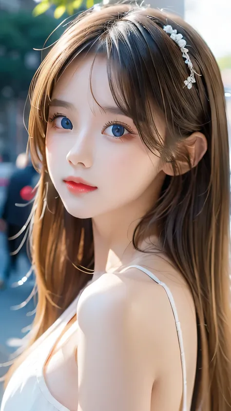 Transparent white glossy skin、Wind-blond hair falls in front of her pretty face、Ample Bust、Cute 15 year old blonde beauty、Beautiful Face、Beautiful super long straight hair that stands out、Big, bright, light blue eyes that shine beautifully、Silky bangs that...