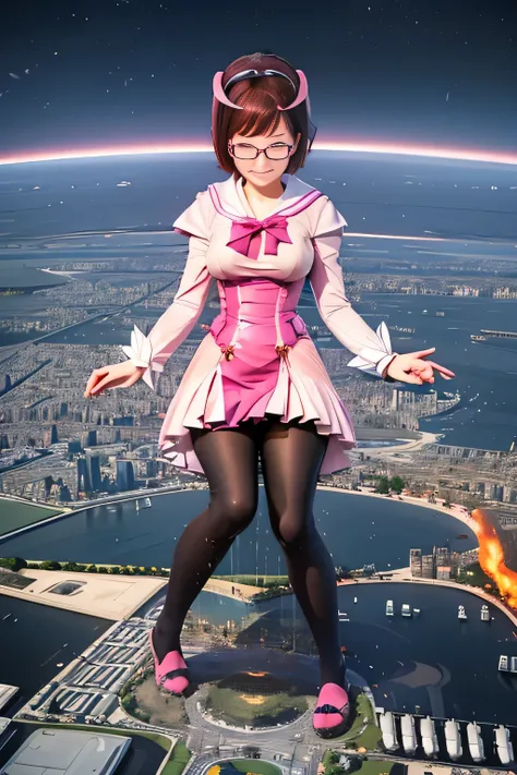 giantess art, highly detailed giantess shots, giantess, Two legs, Five fingers, short hair, A beautiful girl who is bigger than a skyscraper, Wearing rimless glasses, smile, Big Breasts, pink dress, bow, magical girl, holding a magical wand, black pantyhos...