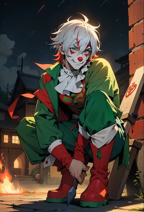 anime style, male character, jester, green jester outfit, clown, painted face, red round clown nose, white hair, red boots, mysterious, the night, perfect face, well-defined face, detailed face, body full body, holding a large sledgehammer, medium hair