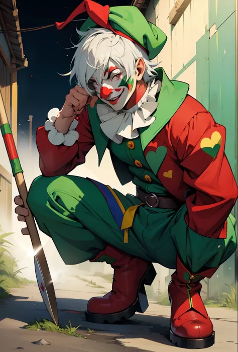 anime style, male character, (jester hat), jester, green jester outfit, clown, painted face, red round clown nose, white hair, red boots, mysterious, the night, perfect face, well-defined face, detailed face, full body, holding a large sledgehammer, medium...