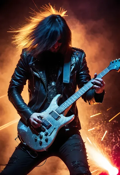 Heavy metal guitarist, scratching sharp-edged guitar, stage effects of explosions, laser beams coming and going,