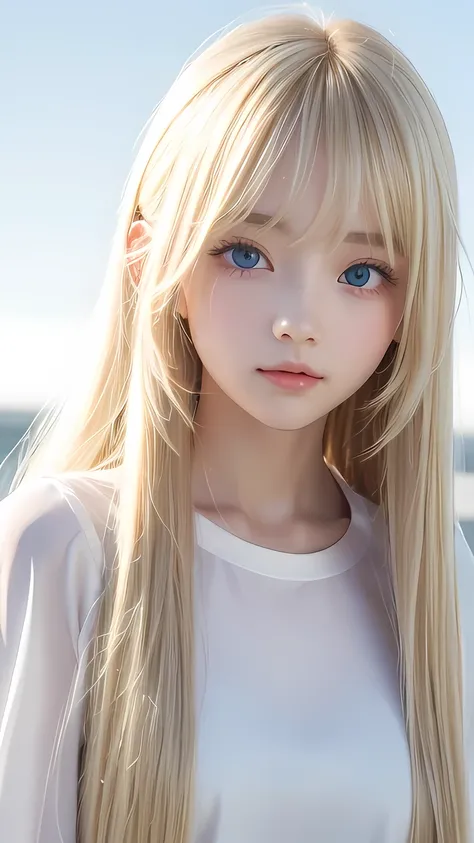 Transparent white glossy skin、Wind-blond hair falls in front of her pretty face、Ample Bust、Cute 15 year old blonde beauty、Beautiful Face、Beautiful super long straight hair that stands out、Big, bright, light blue eyes that shine beautifully、Silky bangs that...