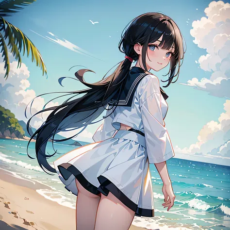 (low angle,from below),((masterpiece, highest resolution,best quality)),  (beautiful illustration), ((semi long beautiful black hair,blunt bangs,pony tail,beautiful eyes)),(solo),(Japanese high ,sailor,mini skirt),(looking at the viewer),  (walking on the ...