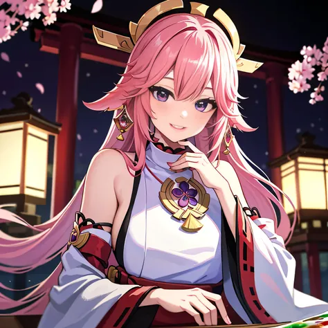 1girll, (Ulzzang-6500:0.7), Kpop idol, Yae Miko, Detached sleeves, Bare shoulders, Pink hair, Long hair, Japanese clothes, Best quality, (Painting:1.5), (hair adornments:1.35), jewelry, Purple eyes, Earrings, Breasts, Torii, Cherry blossoms, Lantern light,...