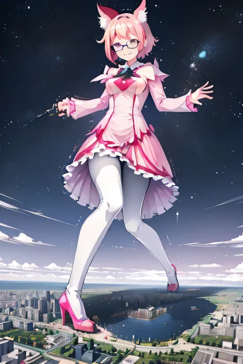 giantess art, highly detailed giantess shots, giantess, Two legs, Five fingers, short hair, A beautiful girl who is bigger than a skyscraper, Wearing rimless glasses, smile, Big Breasts, pink dress, bow, magical girl, holding a magical wand, black pantyhos...