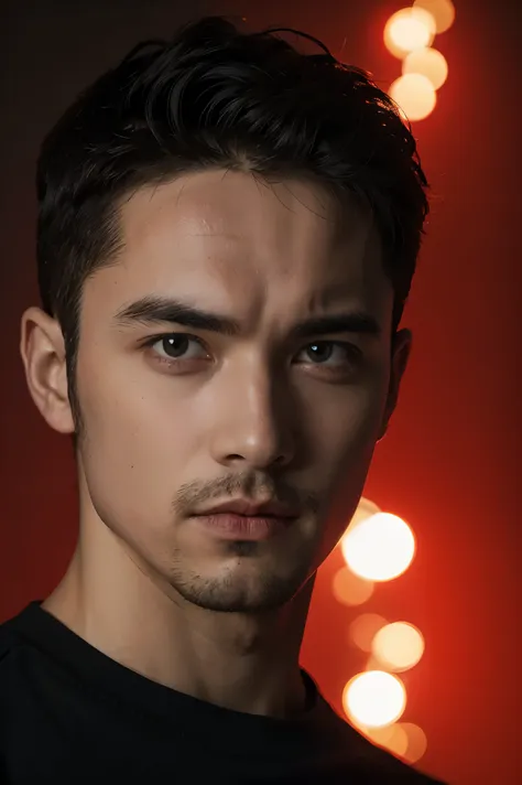 man of european descent wearing a black shirt, his facial expression contemplative, lit with a red light against a dark backgrou...