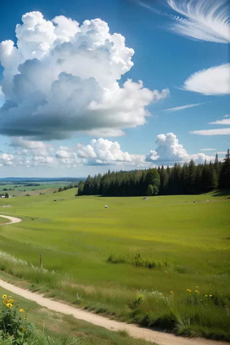 White clouds over the vast grassland