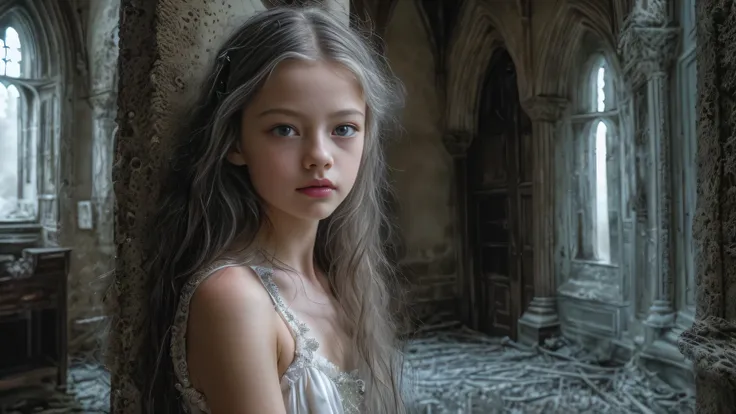 (mackenzie foy white hair teen girl,13 years old with, hand, fingers in vagina:1.3), (long, messy hair:1.3), blue eyes, detailed...