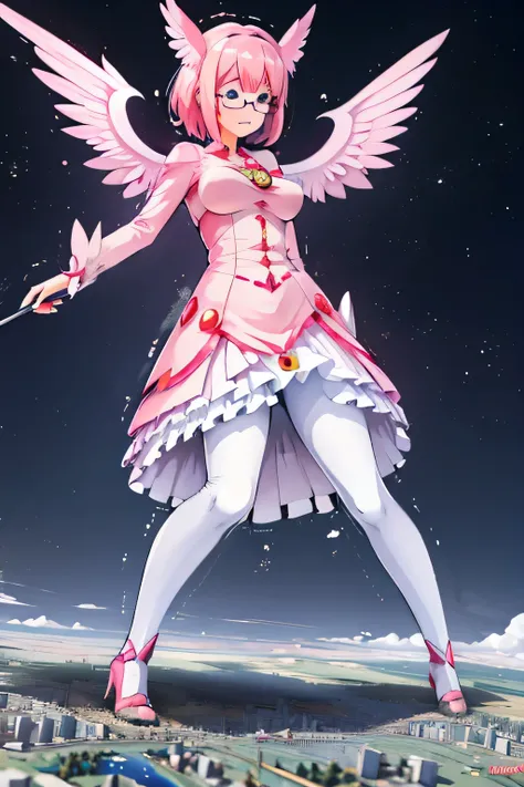 giantess art, highly detailed giantess shots, giantess, Two legs, Five fingers, short hair, A beautiful girl who is bigger than a skyscraper, Wearing rimless glasses, smile, Big Breasts, pink dress, bow, magical girl, holding a magical wand, black pantyhos...