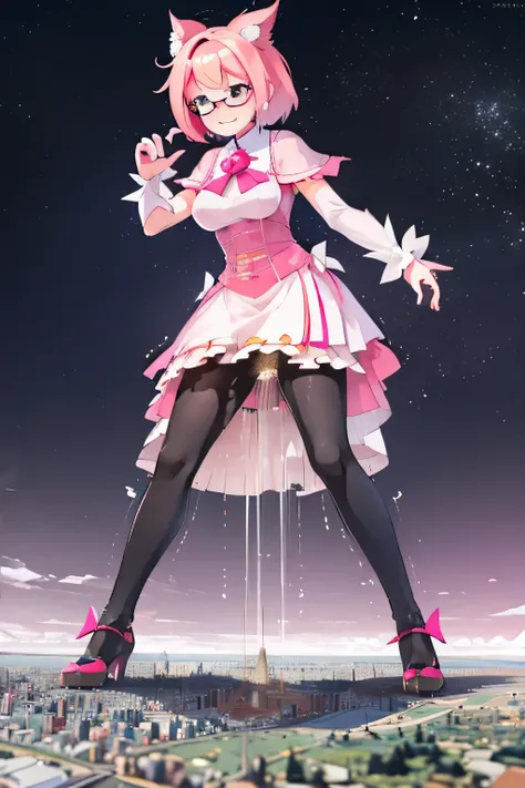 giantess art, highly detailed giantess shots, giantess, Two legs, Five fingers, short hair, A beautiful girl who is bigger than a skyscraper, Wearing rimless glasses, smile, Big Breasts, pink dress, bow, magical girl, holding a magical wand, black pantyhos...