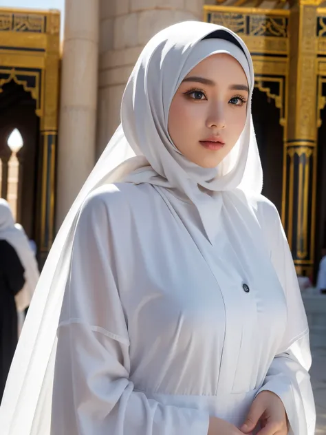 High-resolution image of an Indonesian
Muslim woman standing facing forward,
wearing a neat hijab and long white abaya
with ihram clothing, in front of the Kabah
during the day, with many people in the
background .photorealistic, 8k, hyperdetailed, cinemat...