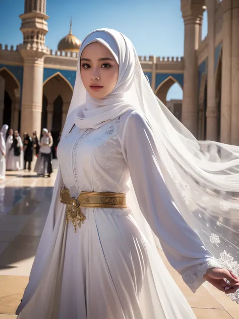 High-resolution image of an Indonesian Muslim woman standing facing forward, wearing a neat hijab, wearing a white veil and long white abaya with ihram clothing, in front of the Kabah during the day, with many people in the background .photorealistic, 8k, ...