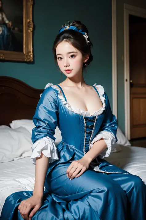 Beautiful woman sitting on bed wearing blue dress, Jean-Baptiste Van Loo(Jean-Baptiste Van Loo)Works inspired by(Jean-Baptiste Van Loo), korean beauty, clothes:random color, 