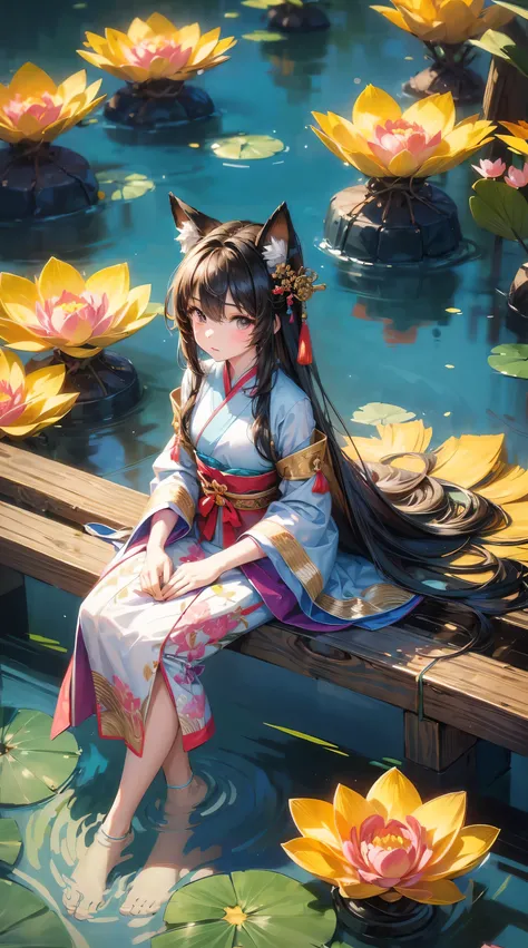 absurd, High resolution, Super detailed, (1 Girl:1.3), Hand Painted, Simple lines, 16 year old girl wearing colorful Chinese Hanfu, Sexy fox ears girl, By the lotus pond, masterpiece, sitting in water, Floating clothes, Flowing hair