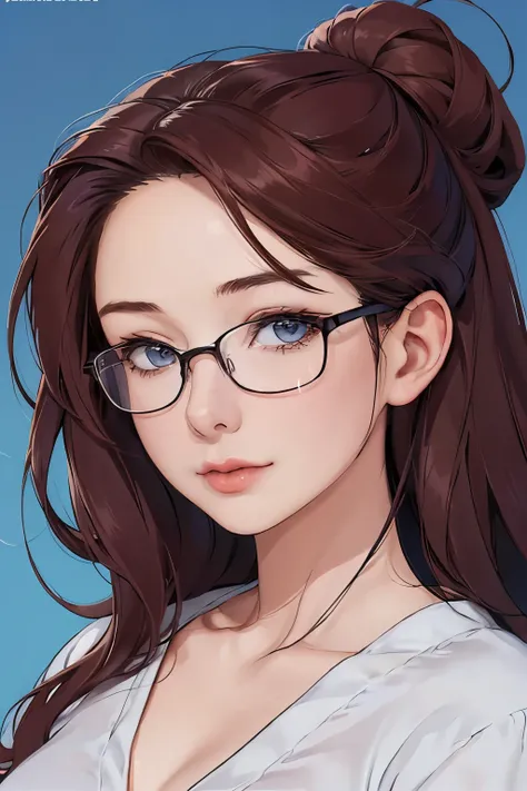 Straight face, Korean woman age 22, Thick, plump lips, I only see the face., Take a photo with your ID card, See face to shoulder, collarbone, hair bun, ((plain blue background)), Eyeglasses, Wear a Korean
