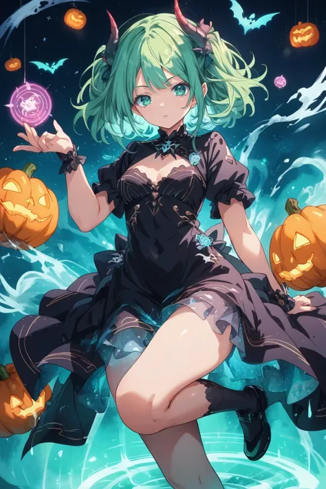 score_9, score_8_up, score_7_up, BREAK,
Demon anime girl, demonic wing, stylish sitting pose, bold look, glowing_holographic_green hair, hair blowing in air, , glow_in_the_dark, holographic, visibly flowers and halloween pumpkins flying around, stylish hai...