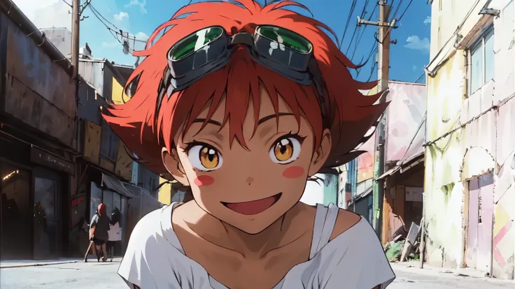 Edward, midriff, orange hair, blush stickers, (tanned skin) (white loose shirt), off shoulder, bike shorts, brown eyes, goggles on head, smile, sitting in ruined city, bare feet, full body, looking at viewer (insanely detailed, beautiful detailed face, mas...