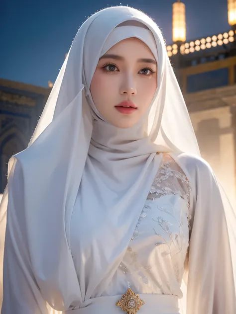 photorealistic. High-resolution image of an Indonesian
Muslim woman standing facing forward, wearing a niqab
wearing a neat hijab and long white abaya
with ihram clothing, in front of the Kabah
during the day, with many people in the
background. 8k, hyperd...