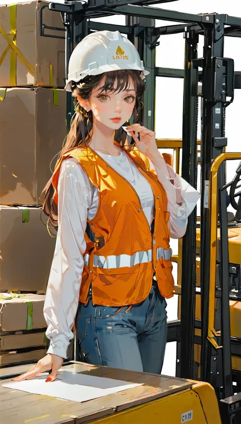 (((paper cutting style))), 1 girl, brown long hair, portfolio, T-shirt, denim, safety vest, forklift, helmet