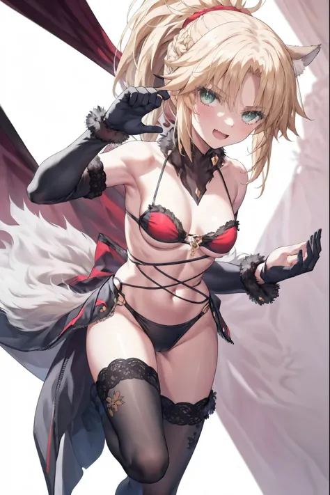 Masterpiece, Best Quality, illustration, city, 1girl, Mordred (fate), collarbone, Detailed blond hair ponytail braid, green eyes,,navel,thigh-high, covered_pussy,flat_chest,long_sworddangerousbeast,elbow_gloves,
,wolf_tail,wolf_ears,fang,happy,nihil,smile,...