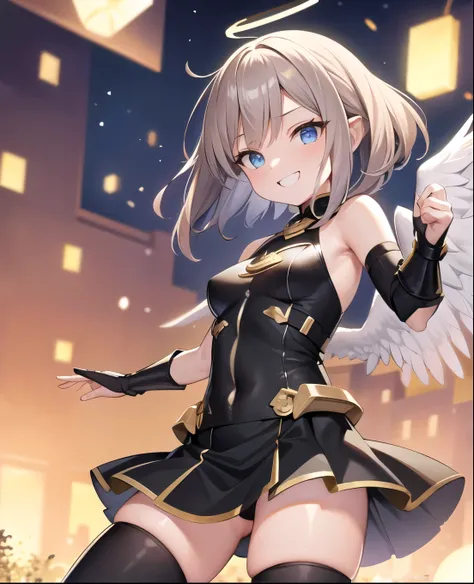 fantasy, 1angel_girl,, loli,brown_hair, medium_bob_hair, long_bangs, halo,bare_shoulder,thighhighs,silver_armor, waist_armor, large_breasts,grinning,teeth, 1pair_wings, dynamic_pose_fighting,floating, bare_crotch, headgear,gauntlet, greaves,city_sky_backgr...