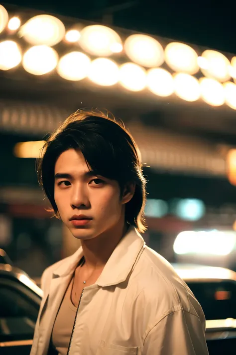 ((melhor qualidade)), (Cinematic Aesthetics:1.4) Foto de um lindo modelo HOMEM coreano CABELO LONGO de costas bokeh city night