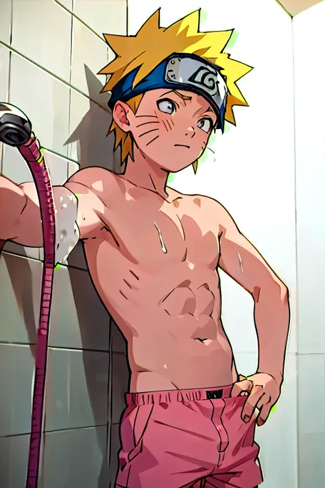 little naruto, shirtless, pink underpants, showering