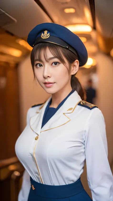 (8k, best quality, masterpiece, golden ratio composition,:1.3), (Zoom out shot:1.2), (A beautiful Japanese mature woman dressed in a classic flight attendant uniform, uniform is navy blue with a matching small beret, white blouse, red neck scarf, neatly st...