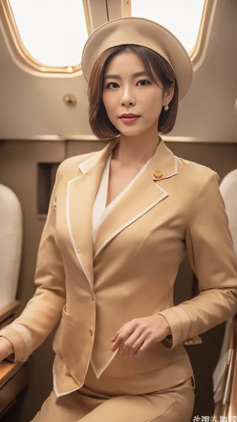 (8k, best quality, masterpiece, golden ratio composition,:1.3), (Zoom out shot:1.2), (A beautiful Japanese mature woman dressed in a classic flight attendant uniform, fitted beige jacket, white blouse, red neck scarf, ,very small and short neck scarf, smal...