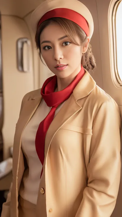 (8k, best quality, masterpiece, golden ratio composition,:1.3), (Zoom out shot:1.2), (A beautiful Japanese mature woman dressed in a classic flight attendant uniform, fitted beige jacket, white blouse, red neck scarf, ,very small and short neck scarf, smal...