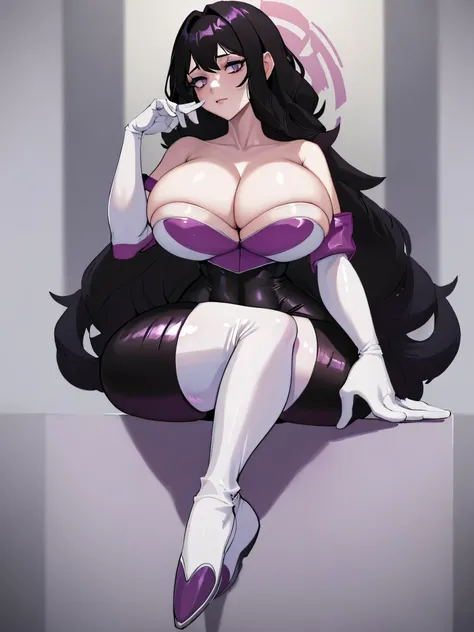 best quality, (masterpiece),(ultra-detailed), (high quality), (high resolution),  rouge cosplay, huge breasts, white gloves, bare shoulders, thigh boots, bodysuit, white footwear, cleavage, 1girl, solo, black hair, long wavy hair, purple eyes, pale skin, t...