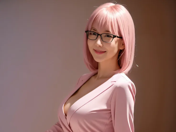 ((masterpiece, best)), (1girl), (mature woman), light pink hair, open-chest seduction, flared, (office lady), bangs, big breasts...