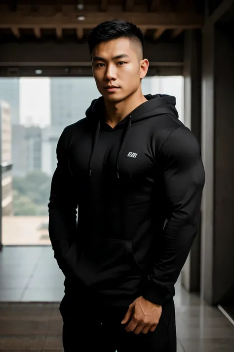 bodybuilder asian man wearing black hoodie, full body, hands on hoodie pockets, body in 45 degree angle to the left from camera, soft natural lighting