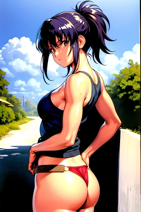 masterpiece, best quality, anime 1990s (style, leona heidern, naked, open vest, thong, desert, army, cammo,pony tail.