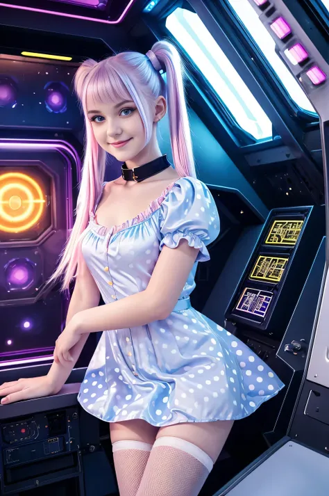 cute 19-year-old neon haired woman, pale white skin, happy, smiling, in twin tails, perfect blue eyes, pale goth skin, silky smooth skin, flying a fancy metal luxurious space ship, futuristic cockpit, shes a pilot, outer space seen in windows, dark warm li...