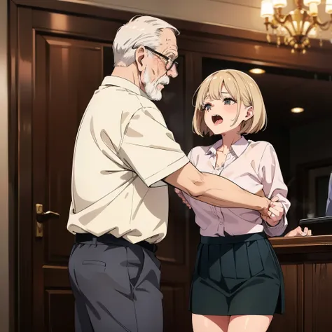 nsfw,((One girl, 1 Elderly)), ((Skirt flip:1.4)), ((Old man grabs woman&#39;s skirt)), The old man laughs evilly, Huge breasts:1.7, Anime cel painting style, highest quality, High resolution, Huge breasts:1.8, good, High leg panties, White Sailor Suit, Sho...