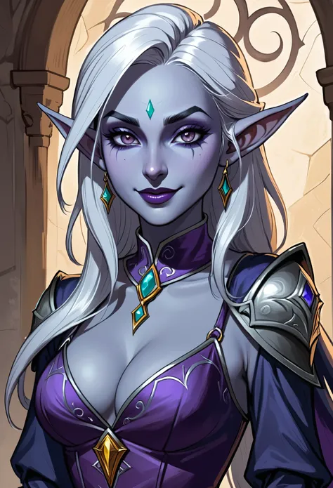 There is a drawing of a stunningly beautiful femal elf prostitue, Retrato de um personagem DND, como um d & Personagem D, Drow, como um caractere dnd, Retrato de Jinx de Arcane, female drow elf, bonito Drow, feiticeira, pintado no estilo arcano cleavage, s...