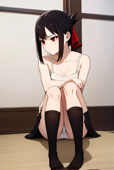  short hair, bangs, black hair, (red eyes:1.3), hair ribbon, sidelocks, folded ponytail, (parted bangs:1.5),
BREAK  lace bra, black socks, no shoes, nsfw
BREAK indoors, bedroom, 
BREAK  lace panties, BREAK full body view, ultra high quality, underwear, leg...