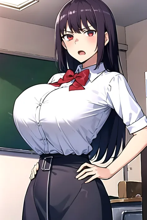 ((best quality)),((highly detailed)),masterpiece,absurdres,detailed face,beautiful face,(detailed eyes, deep eyes),1girl,((dynamic pose)),  sana, purple hair, long hair, solo, red eyes, , open mouth, bow,(large breasts),((huge breast)), chalkboard, classro...